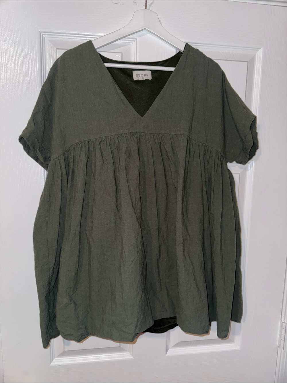 Story Olive Green V-Neck Babydoll dress